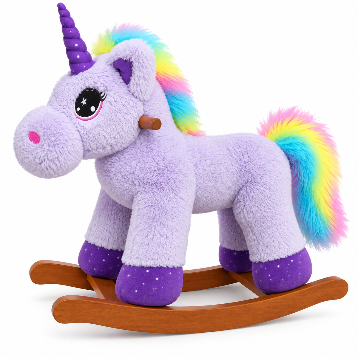 Mecedora Montable Unicornio Morado 85 cm de Alto con Base de Madera y Peluche