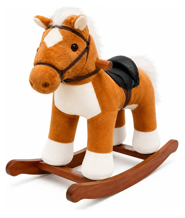 Mecedora Montable Caballo 80 cm de Alto con Base de Madera y Peluche