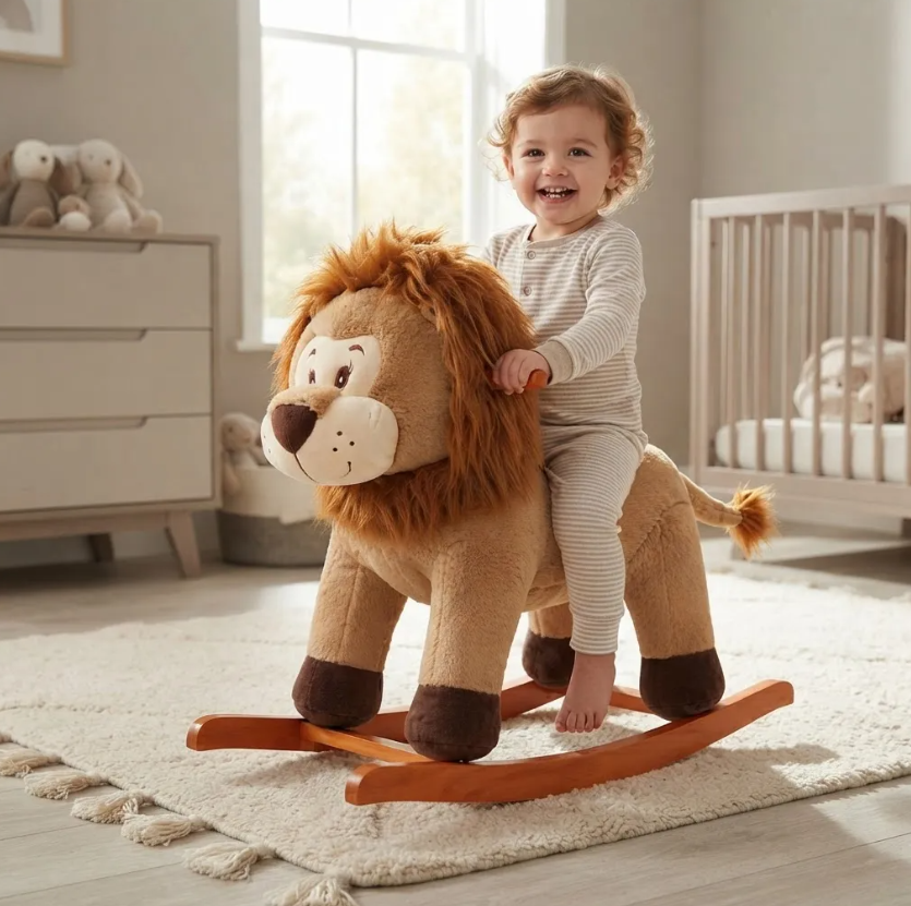 Mecedora Montable León 90 cm de Largo con Base de Madera y Peluche