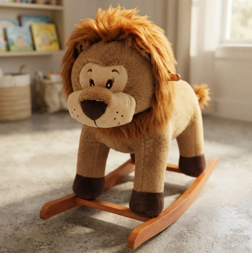 Mecedora Montable León 90 cm de Largo con Base de Madera y Peluche