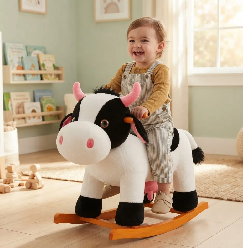 Mecedora Montable Vaca 90 cm de Largo con Base de Madera y Peluche