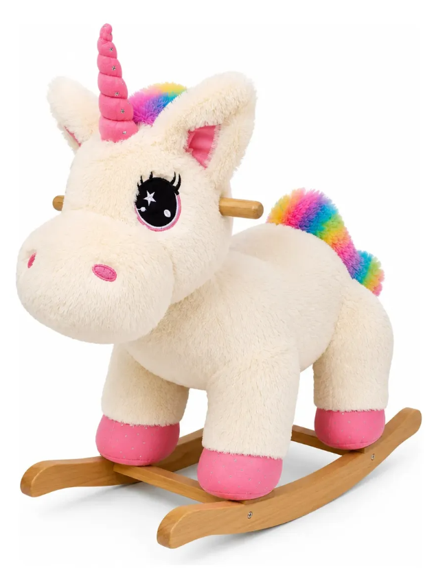 Mecedora Montable Unicornio Blanco 85 cm de Alto con Base de Madera y Peluche