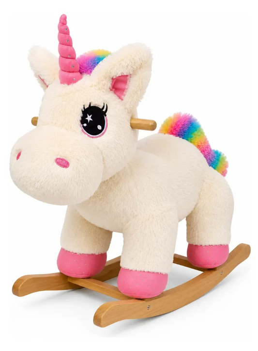 Mecedora Montable Unicornio Blanco 85 cm de Alto con Base de Madera y Peluche