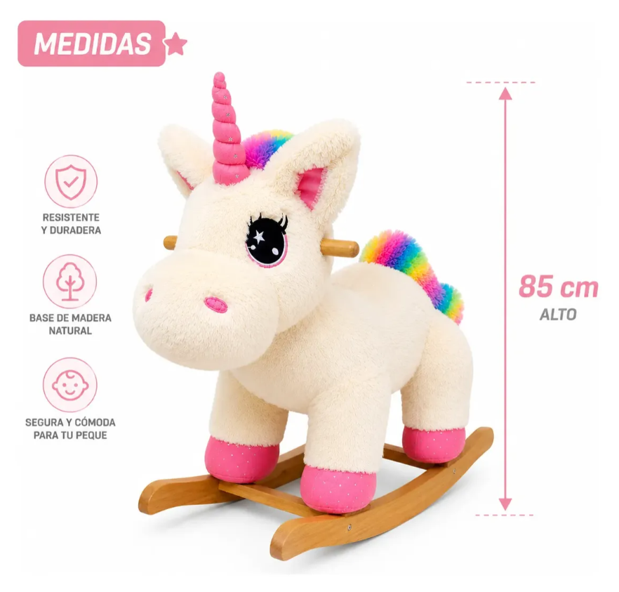 Mecedora Montable Unicornio Blanco 85 cm de Alto con Base de Madera y Peluche