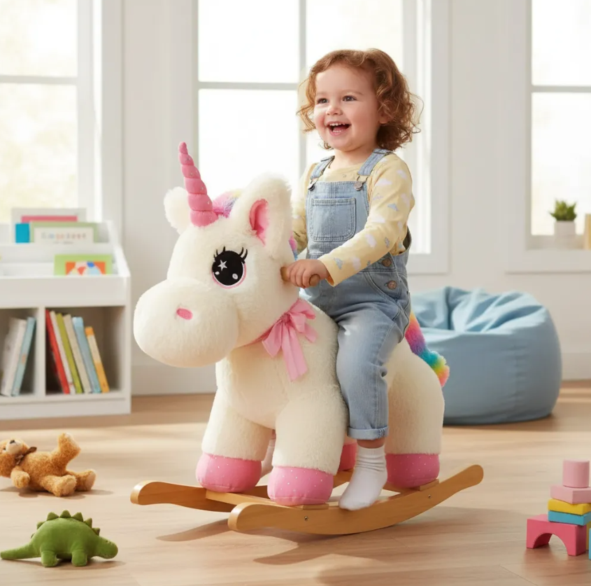 Mecedora Montable Unicornio Blanco 85 cm de Alto con Base de Madera y Peluche