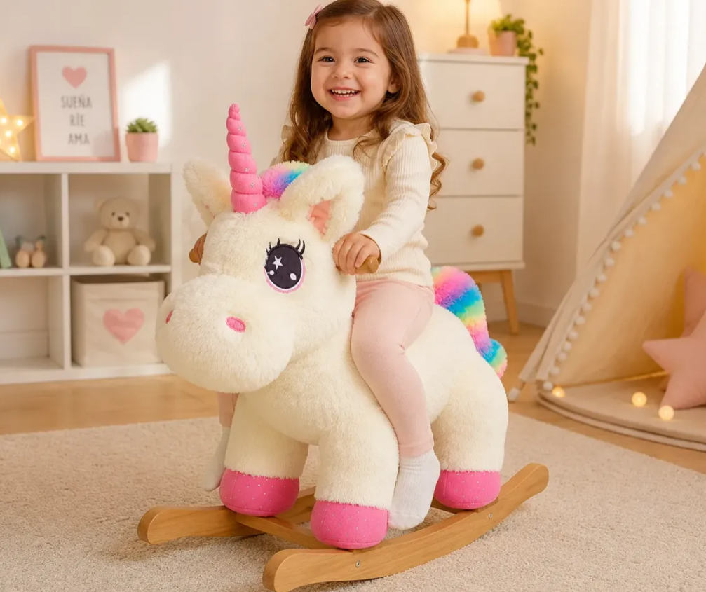 Mecedora Montable Unicornio Blanco 85 cm de Alto con Base de Madera y Peluche
