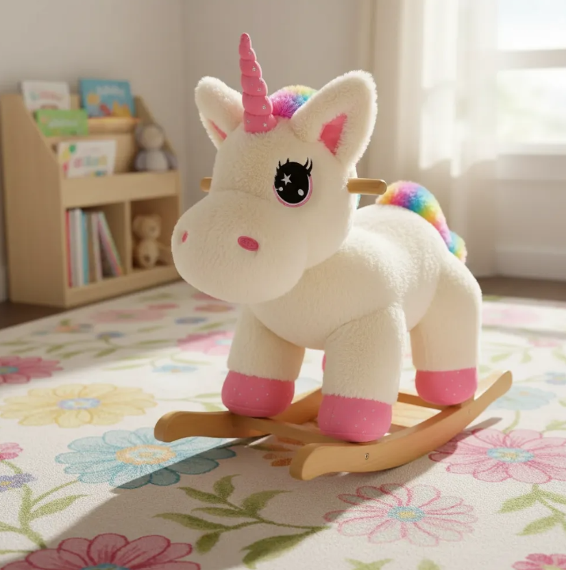 Mecedora Montable Unicornio Blanco 85 cm de Alto con Base de Madera y Peluche