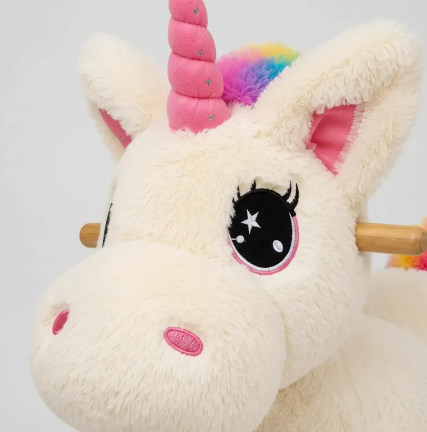 Mecedora Montable Unicornio Blanco 85 cm de Alto con Base de Madera y Peluche