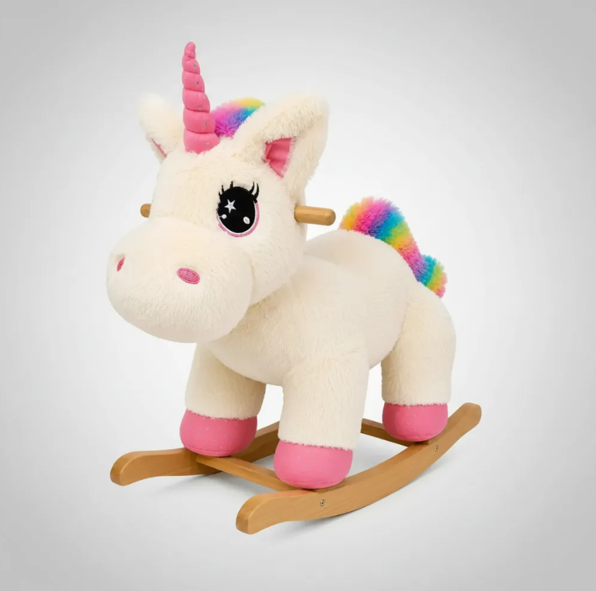 Mecedora Montable Unicornio Blanco 85 cm de Alto con Base de Madera y Peluche