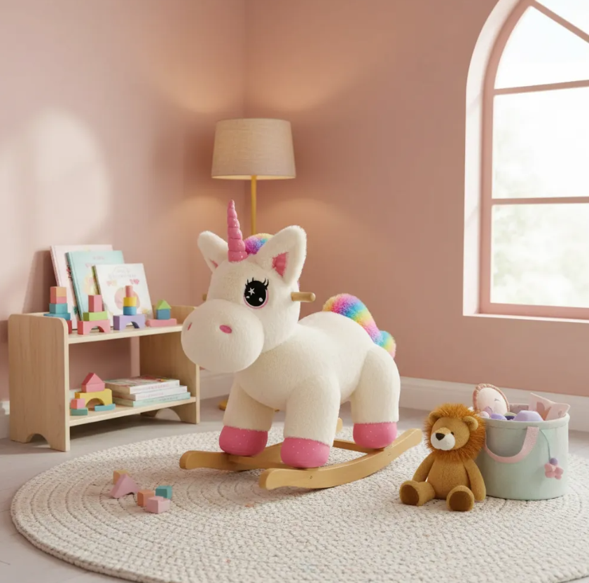Mecedora Montable Unicornio Blanco 85 cm de Alto con Base de Madera y Peluche