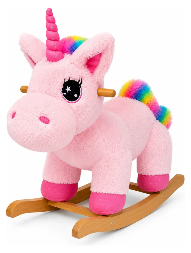 Mecedora Montable Unicornio Rosa 85 cm de Alto con Base de Madera y Peluche
