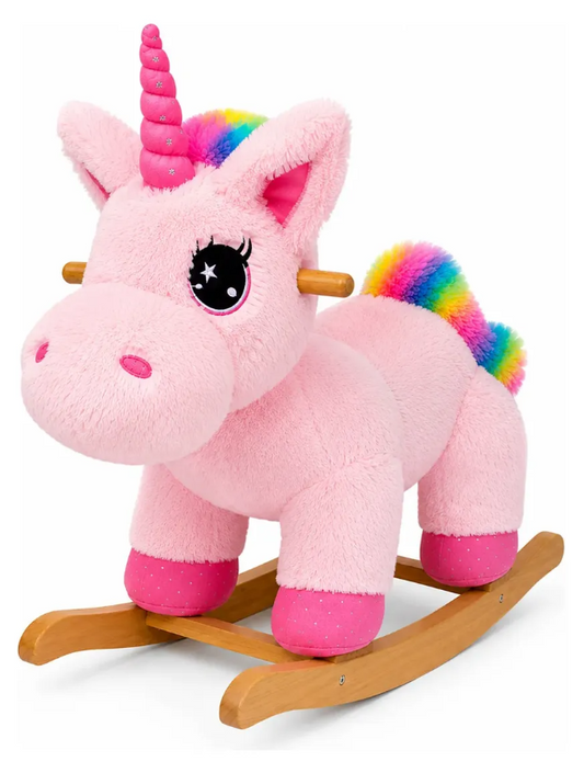 Mecedora Montable Unicornio Rosa 85 cm de Alto con Base de Madera y Peluche