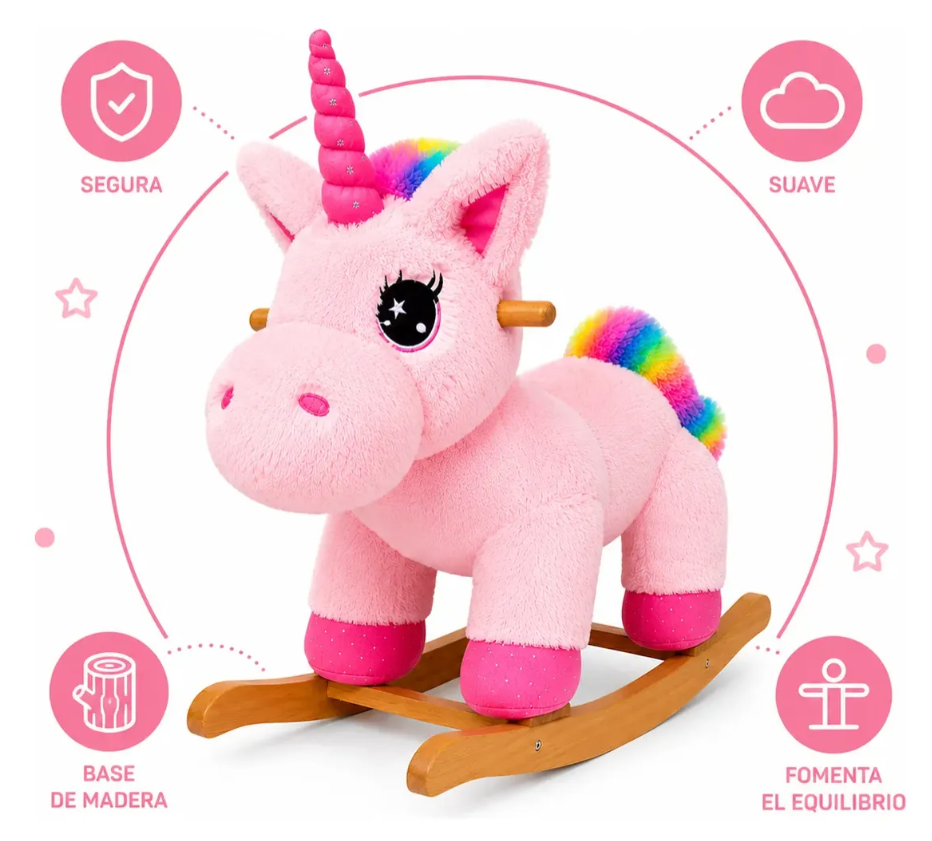 Mecedora Montable Unicornio Rosa 85 cm de Alto con Base de Madera y Peluche