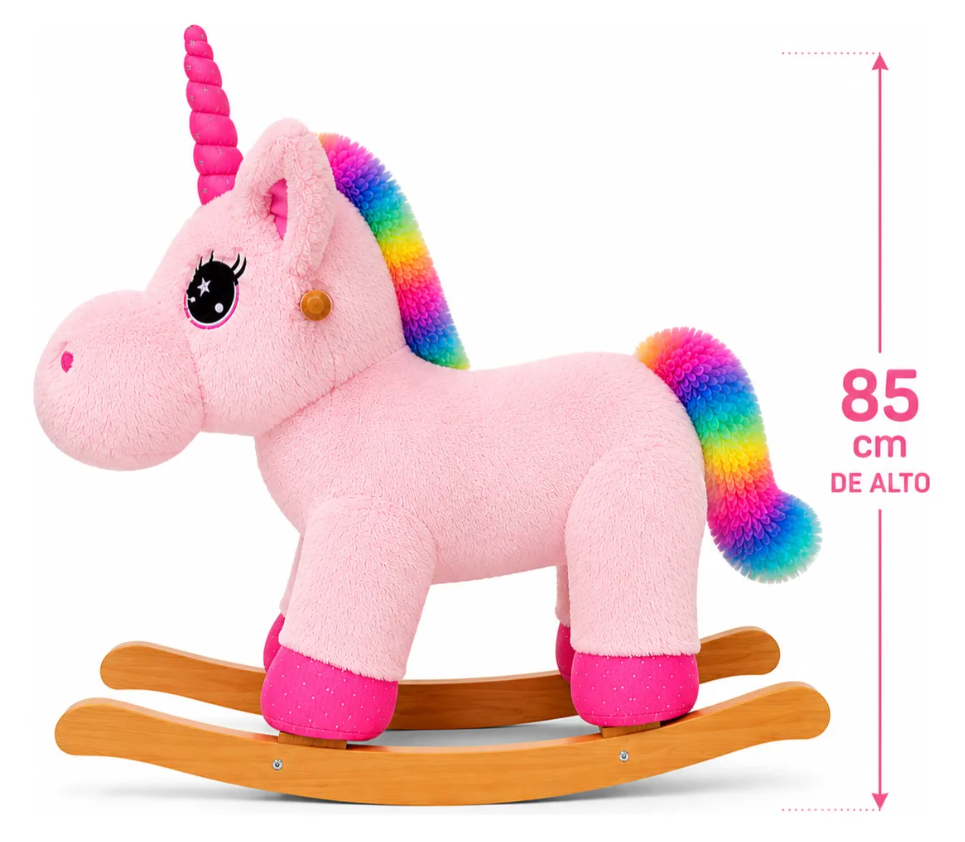 Mecedora Montable Unicornio Rosa 85 cm de Alto con Base de Madera y Peluche