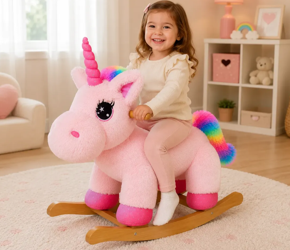 Mecedora Montable Unicornio Rosa 85 cm de Alto con Base de Madera y Peluche
