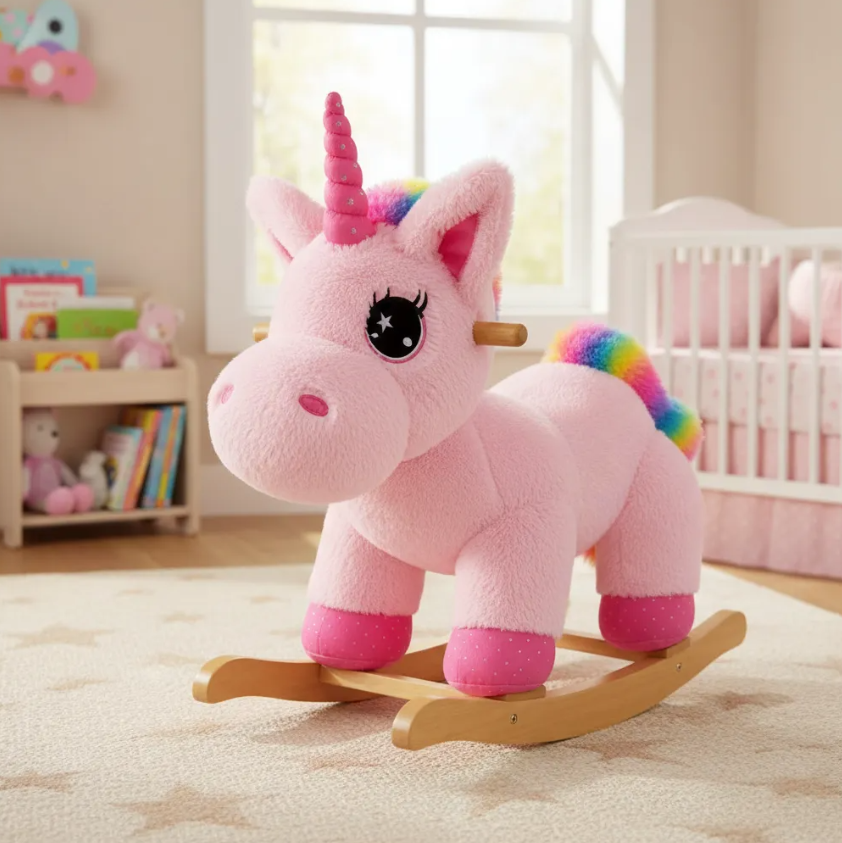 Mecedora Montable Unicornio Rosa 85 cm de Alto con Base de Madera y Peluche