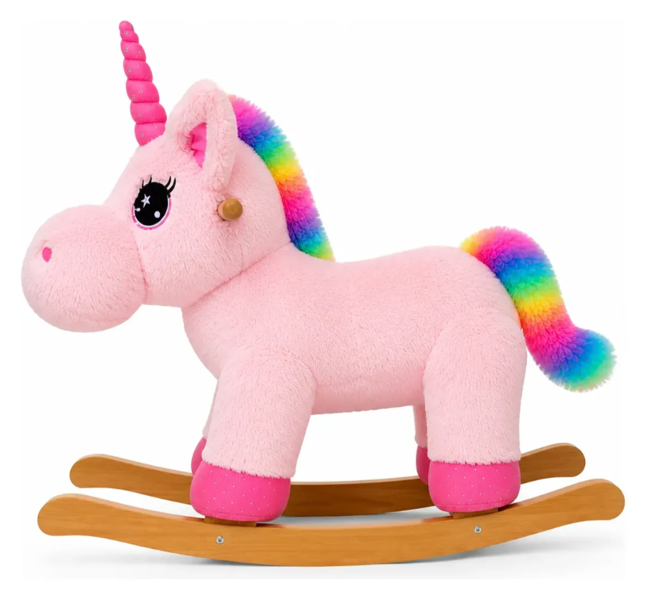 Mecedora Montable Unicornio Rosa 85 cm de Alto con Base de Madera y Peluche