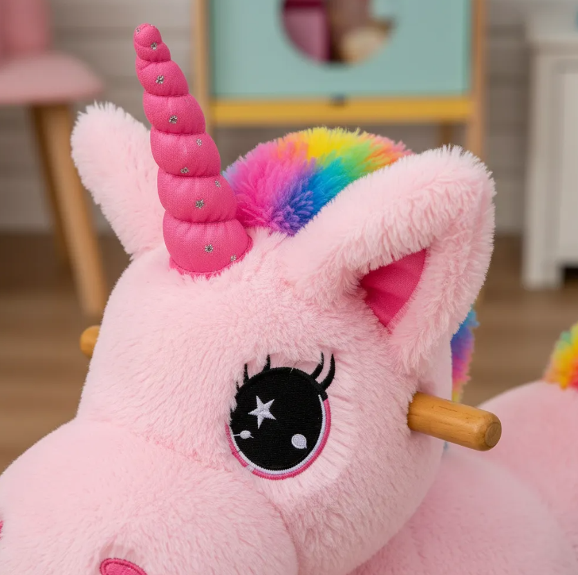 Mecedora Montable Unicornio Rosa 85 cm de Alto con Base de Madera y Peluche