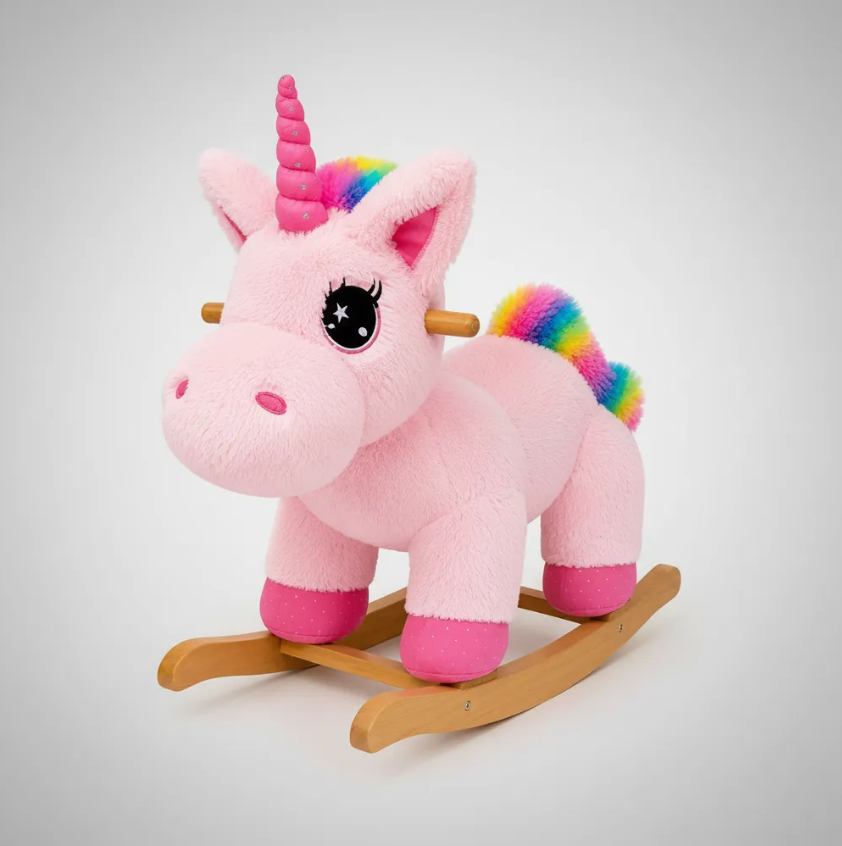 Mecedora Montable Unicornio Rosa 85 cm de Alto con Base de Madera y Peluche