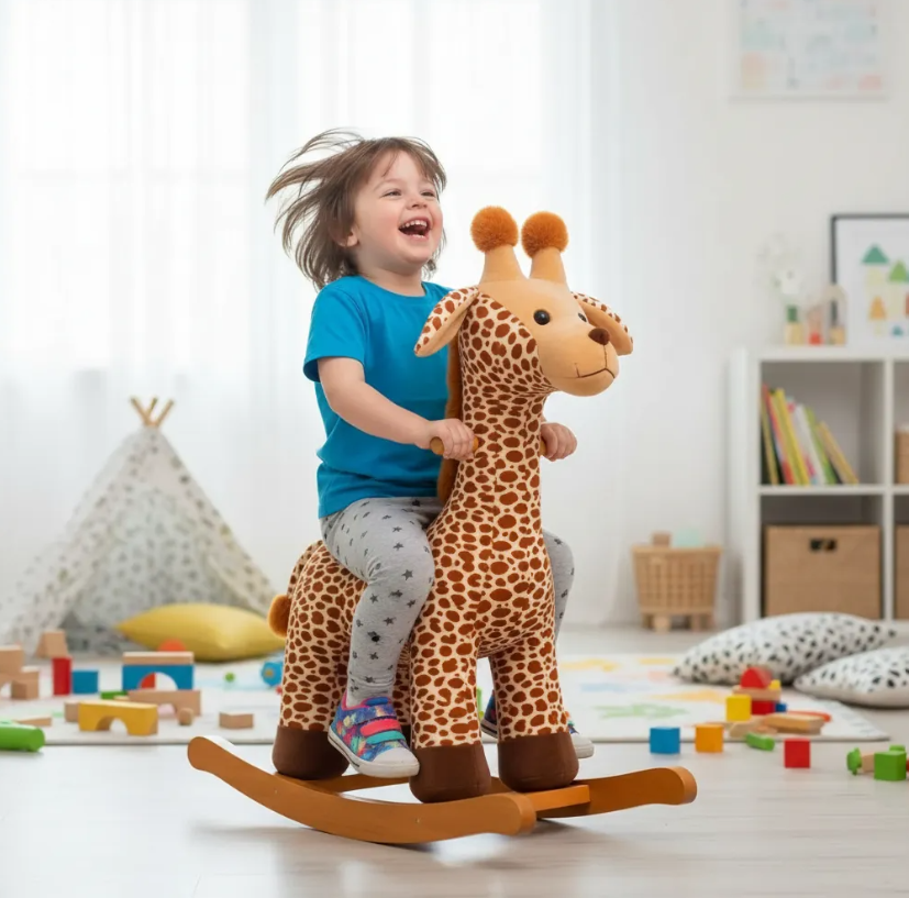 Mecedora Montable Jirafa 120 cm de Alto con Base de Madera y Peluche