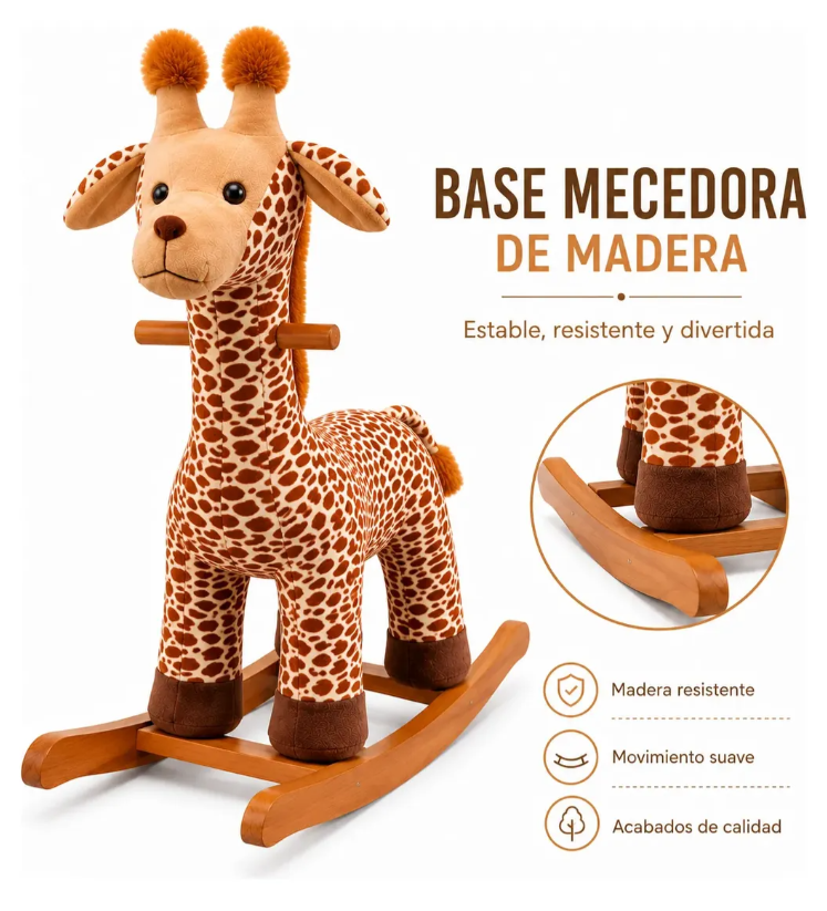 Mecedora Montable Jirafa 120 cm de Alto con Base de Madera y Peluche