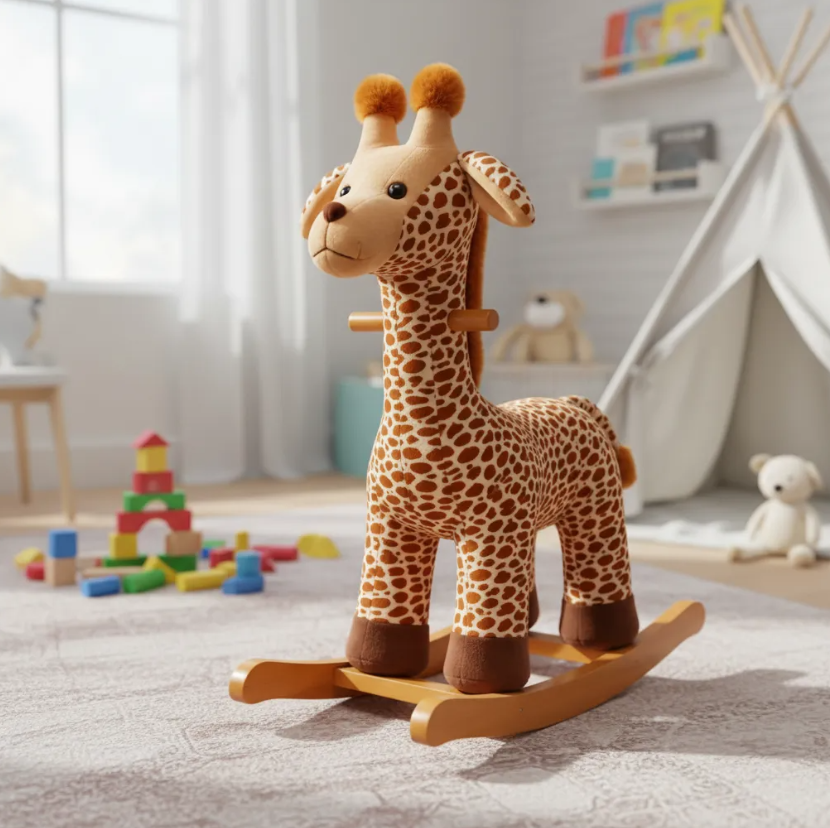 Mecedora Montable Jirafa 120 cm de Alto con Base de Madera y Peluche