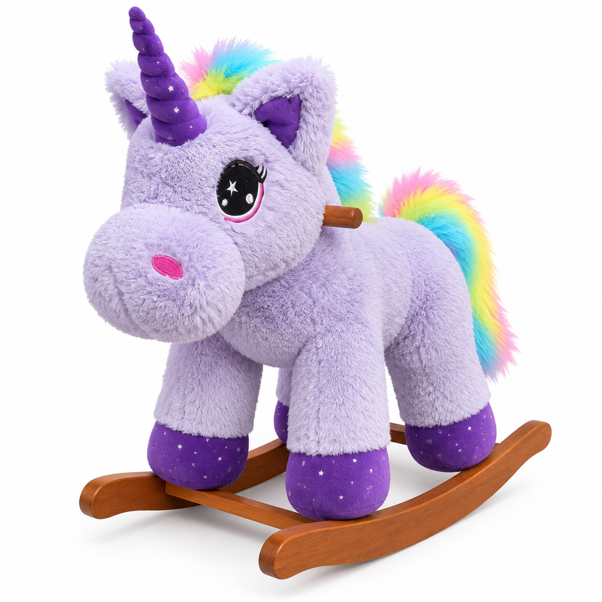 Mecedora Montable Unicornio Morado 85 cm de Alto con Base de Madera y Peluche
