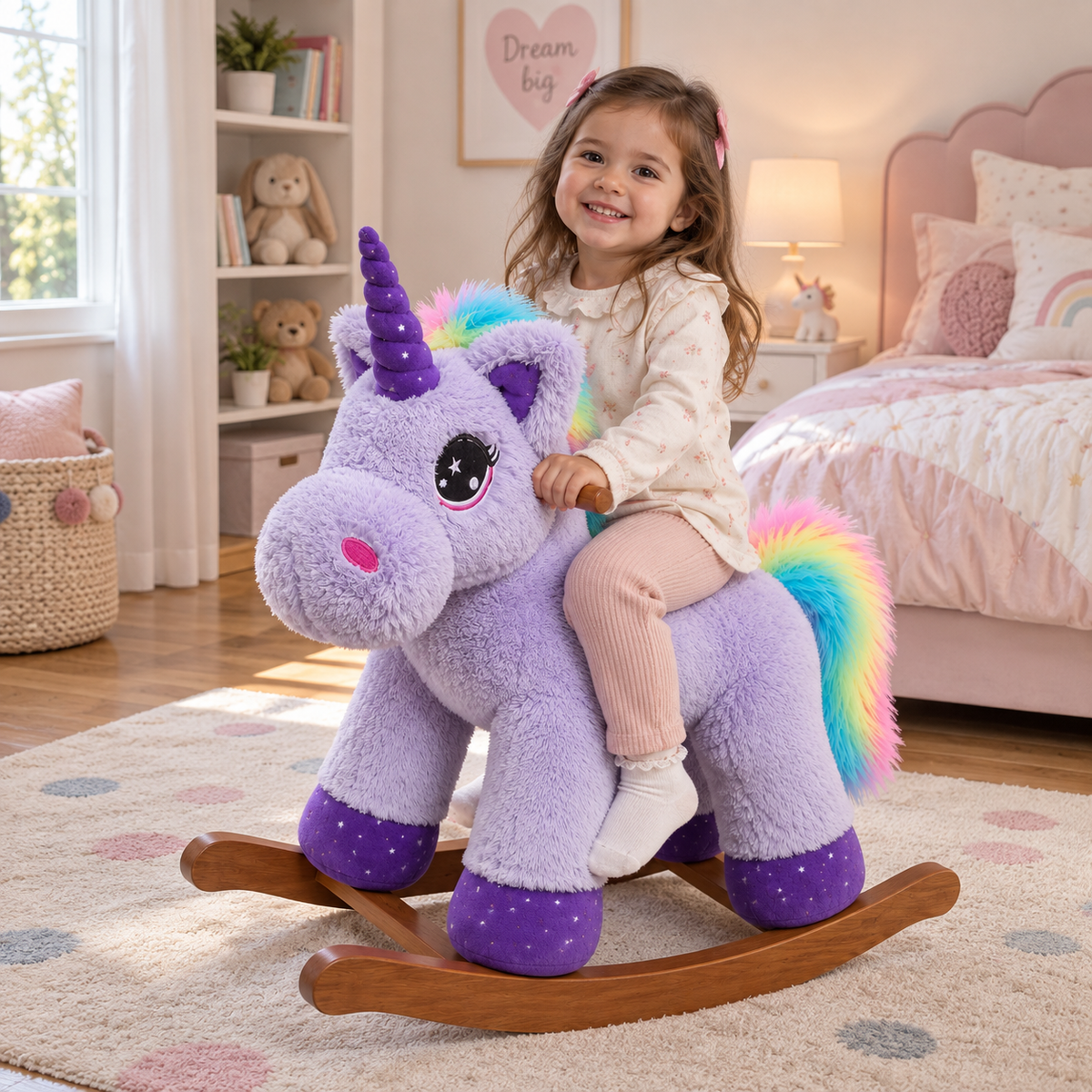 Mecedora Montable Unicornio Morado 85 cm de Alto con Base de Madera y Peluche
