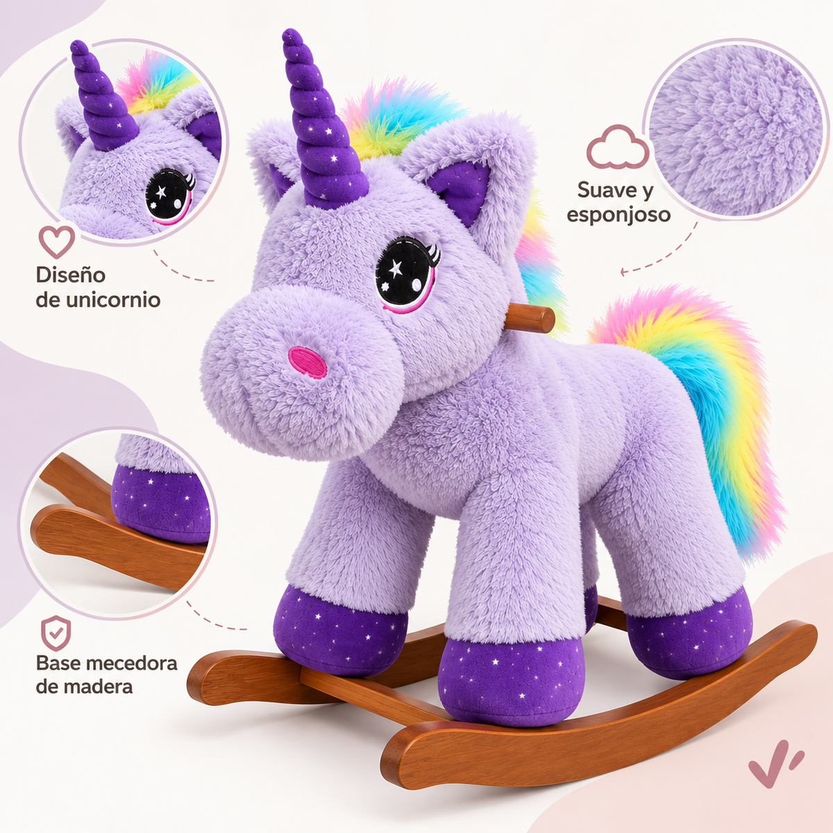 Mecedora Montable Unicornio Morado 85 cm de Alto con Base de Madera y Peluche