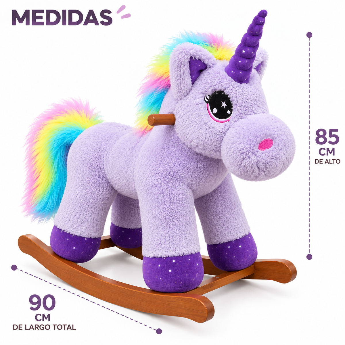 Mecedora Montable Unicornio Morado 85 cm de Alto con Base de Madera y Peluche