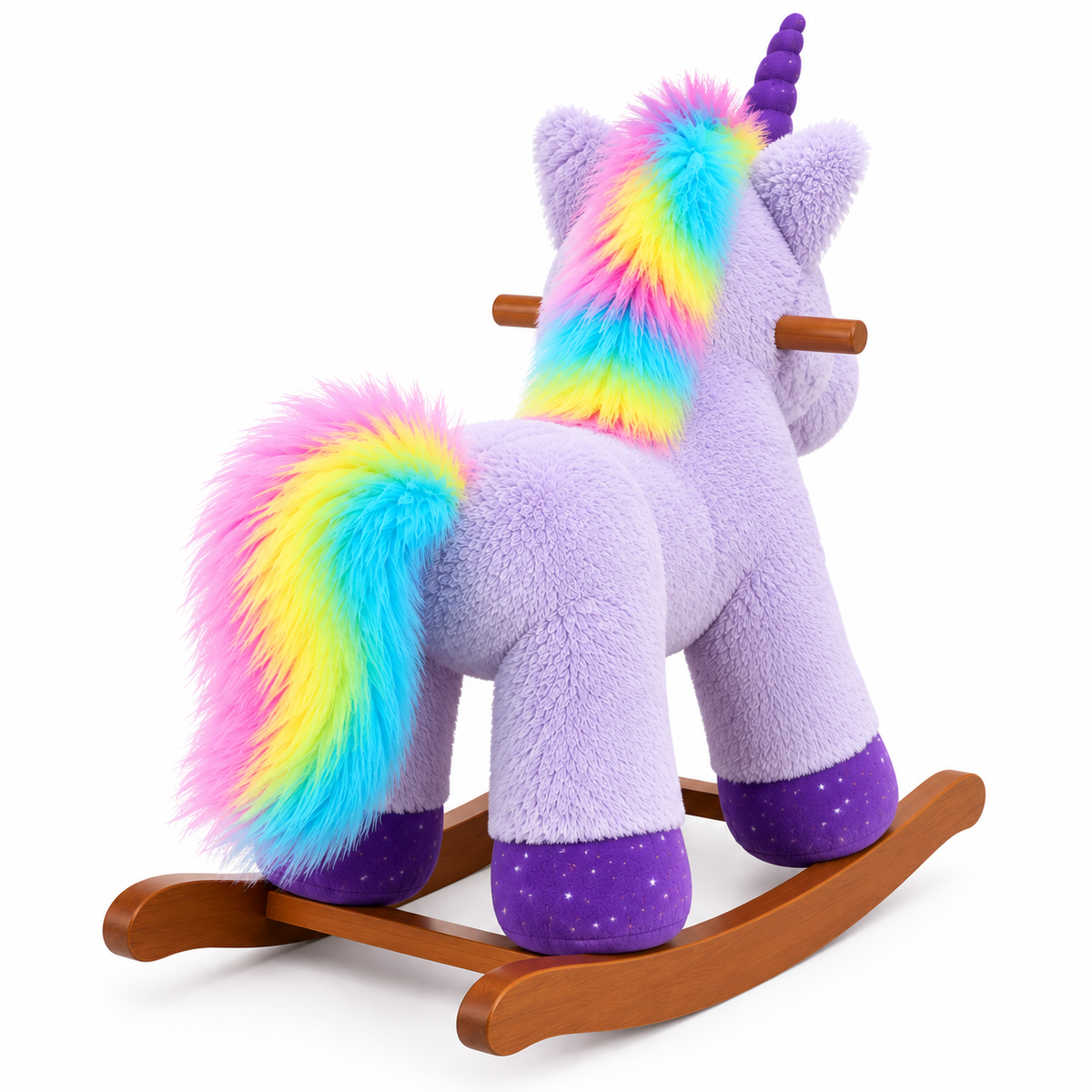 Mecedora Montable Unicornio Morado 85 cm de Alto con Base de Madera y Peluche