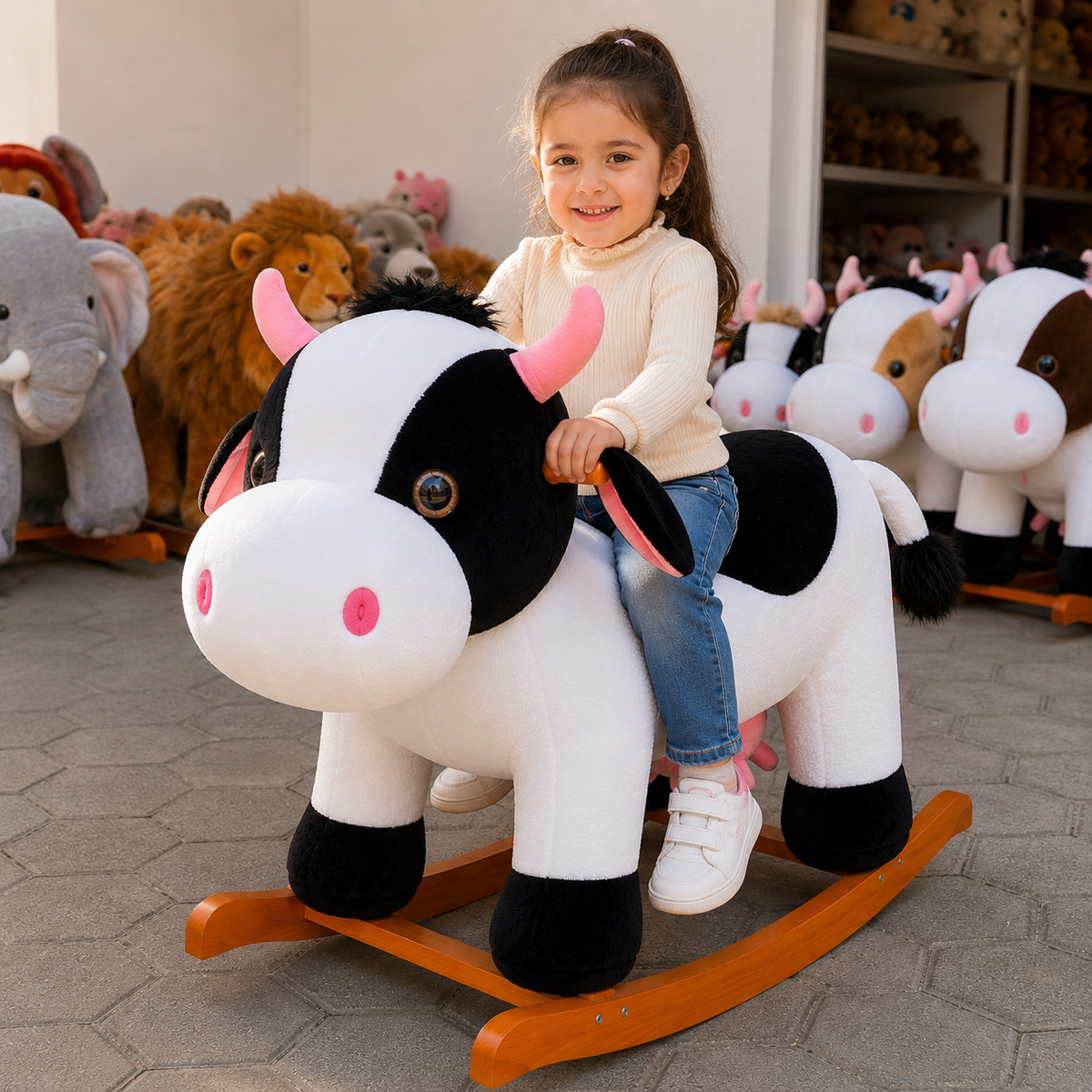 Mecedora Montable Vaca 90 cm de Largo con Base de Madera y Peluche